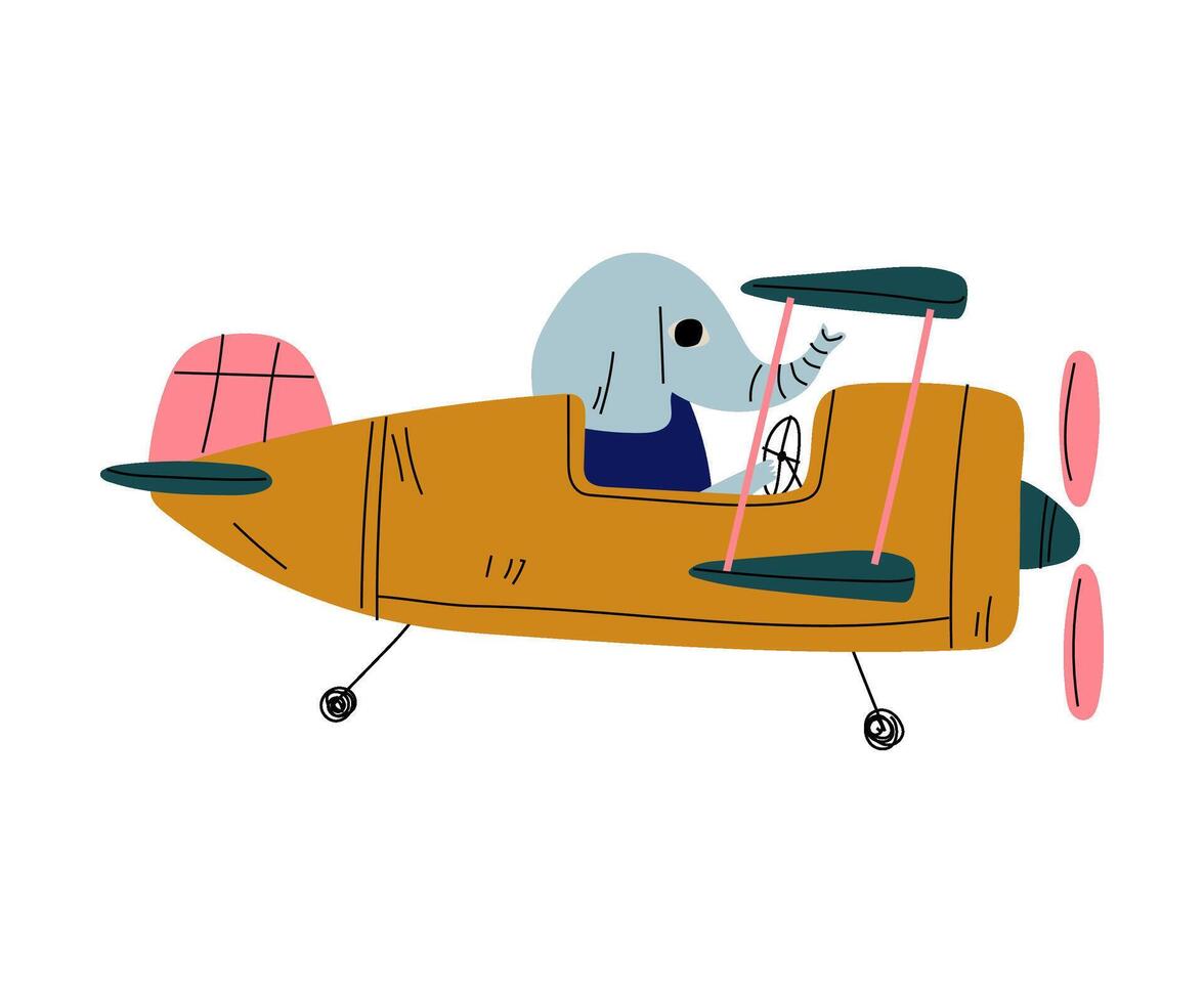 Elephant Pilot Flying on Retro Plane in the Sky, Cute Animal Character Piloting Airplane Illustration vector