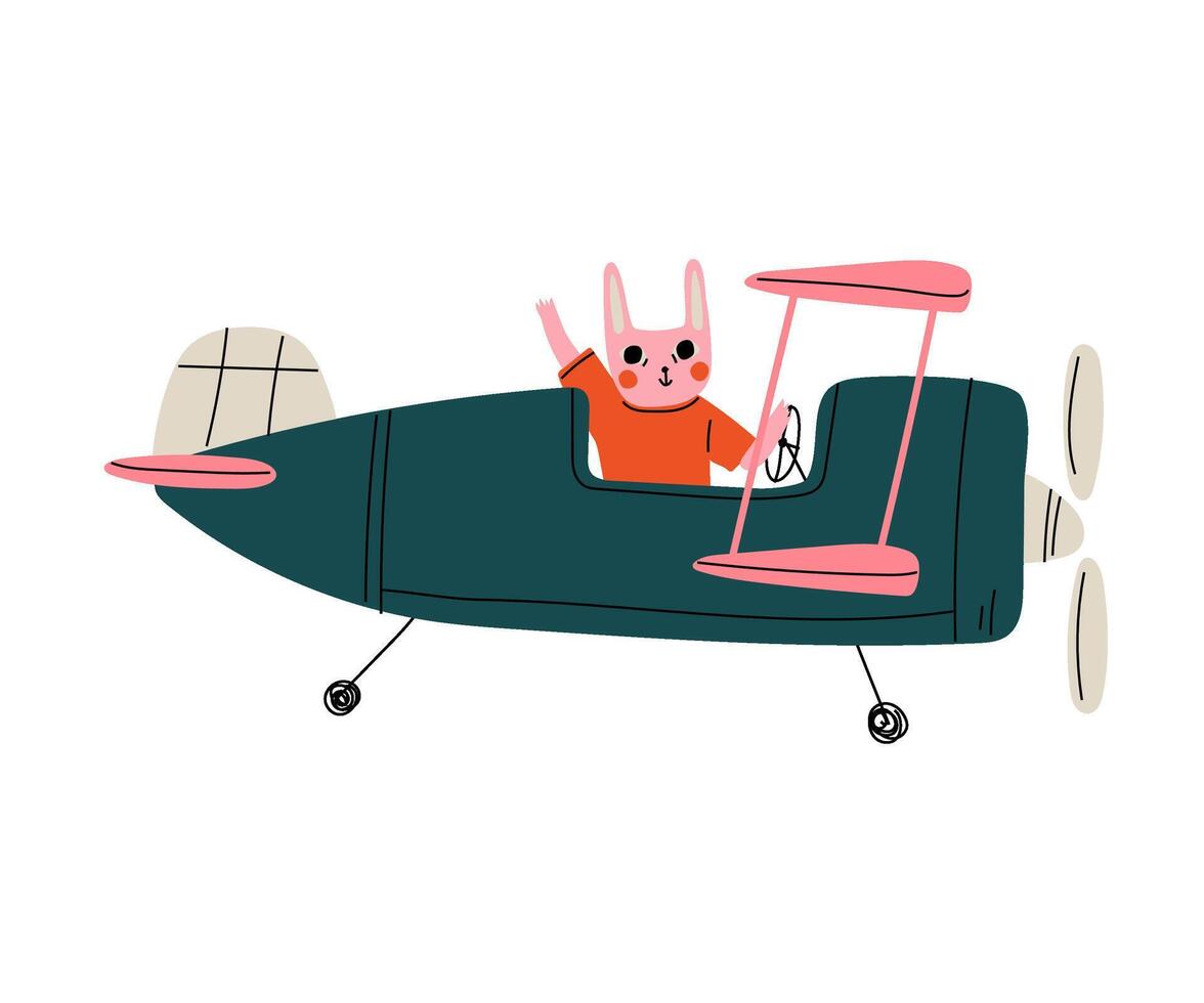 Bunny Pilot Flying on Retro Plane in the Sky, Cute Animal Character Piloting Airplane Illustration vector
