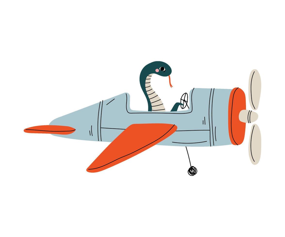 Snake Pilot Flying on Retro Plane in the Sky, Cute Reptile Animal Character Piloting Airplane Illustration vector
