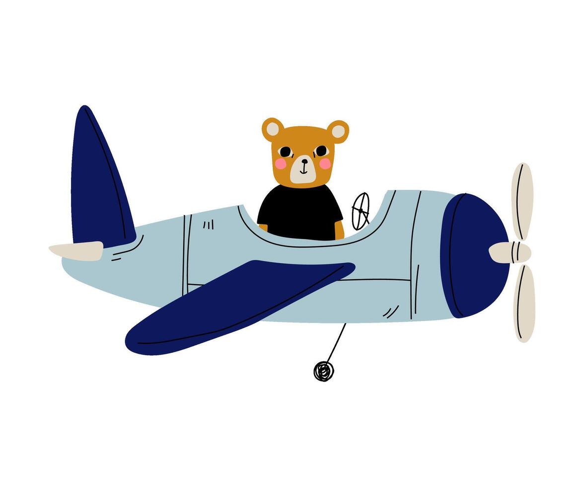 Cute Bear Pilot Flying on Retro Plane in the Sky, Humanized Animal Character Piloting Airplane Illustration vector