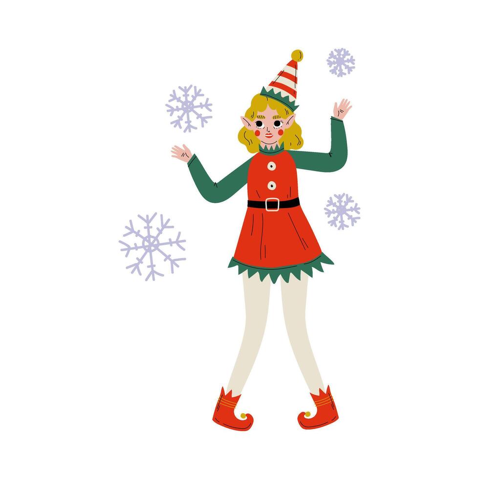 Christmas Elf Character Playing with Snowflakes, Cute Girl Santa Claus Helper Illustration vector