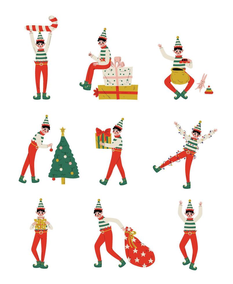 Christmas Elf Characters Set, Cute Boys Santa Claus Helpers with Gift Boxes Illustration vector