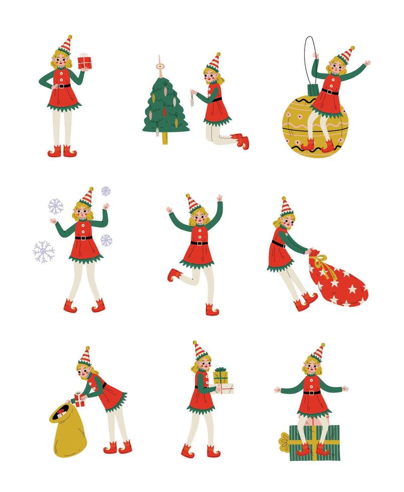Christmas Elf Characters Set, Cute Girls Santa Claus Helpers with Gift Boxes Illustration vector