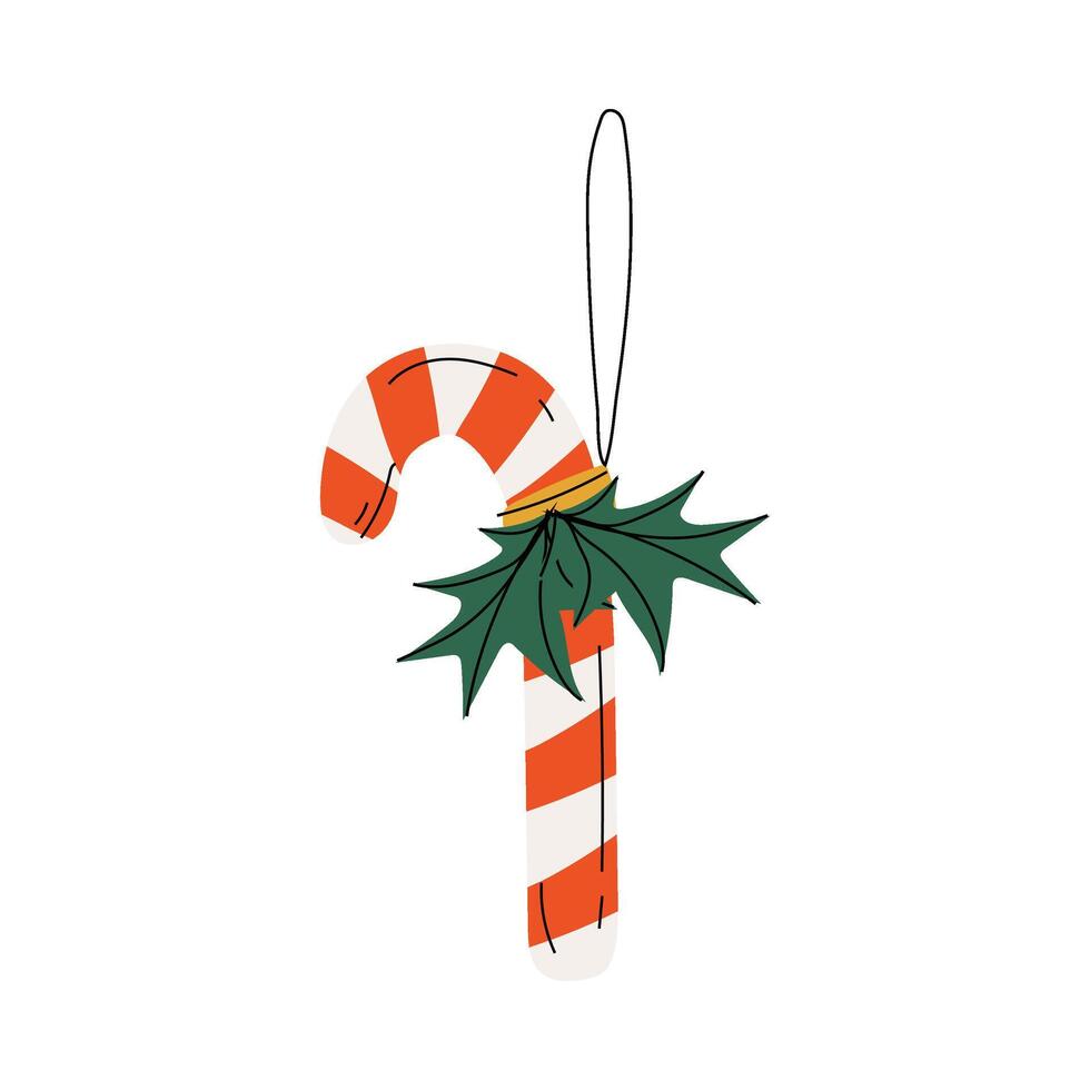 Candy Cane Christmas Tree Toy, New Year Bright Decorative Element Hanging on Ribbon Illustration vector