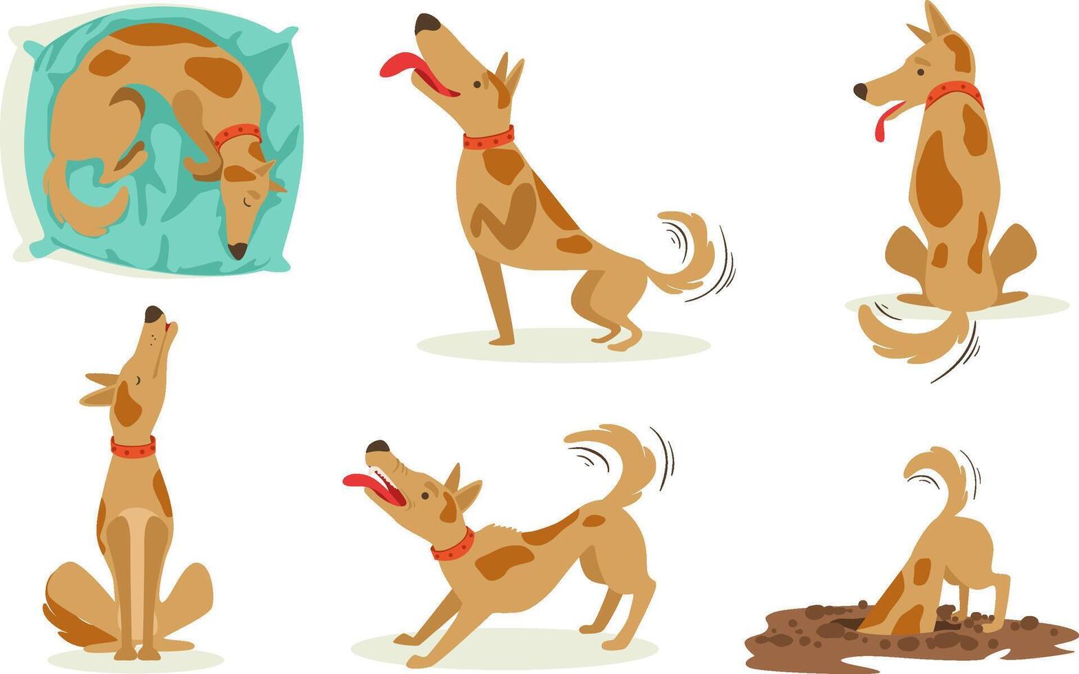 Collection of Funny Brown Dog in Different Situations Set, Cute Animal Character Playing, Barking, Digging Cartoon Illustration vector