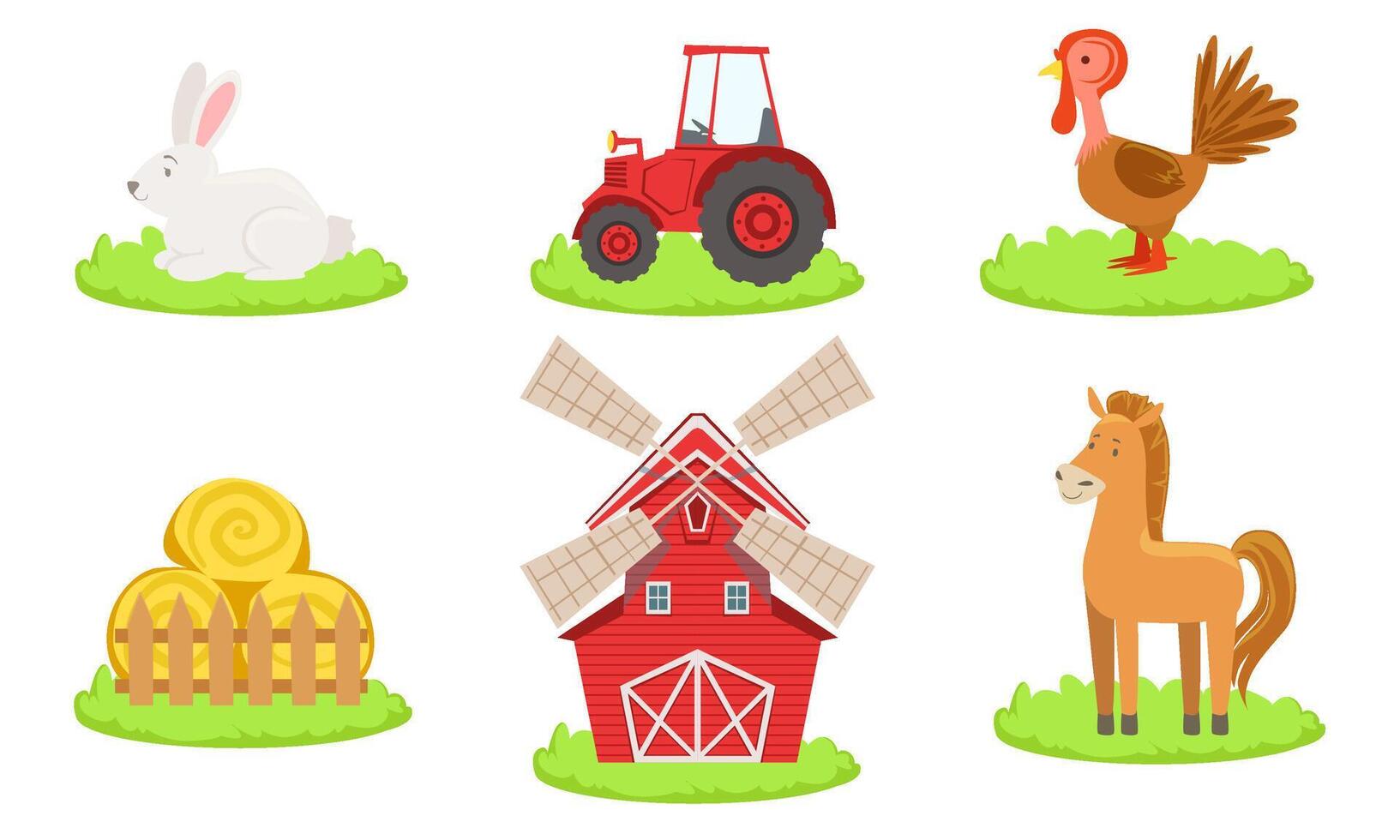 Collection of Farm Animals Such as Rooster, Horse, Rabbit, Windmill, Tractor and Hay Illustration vector