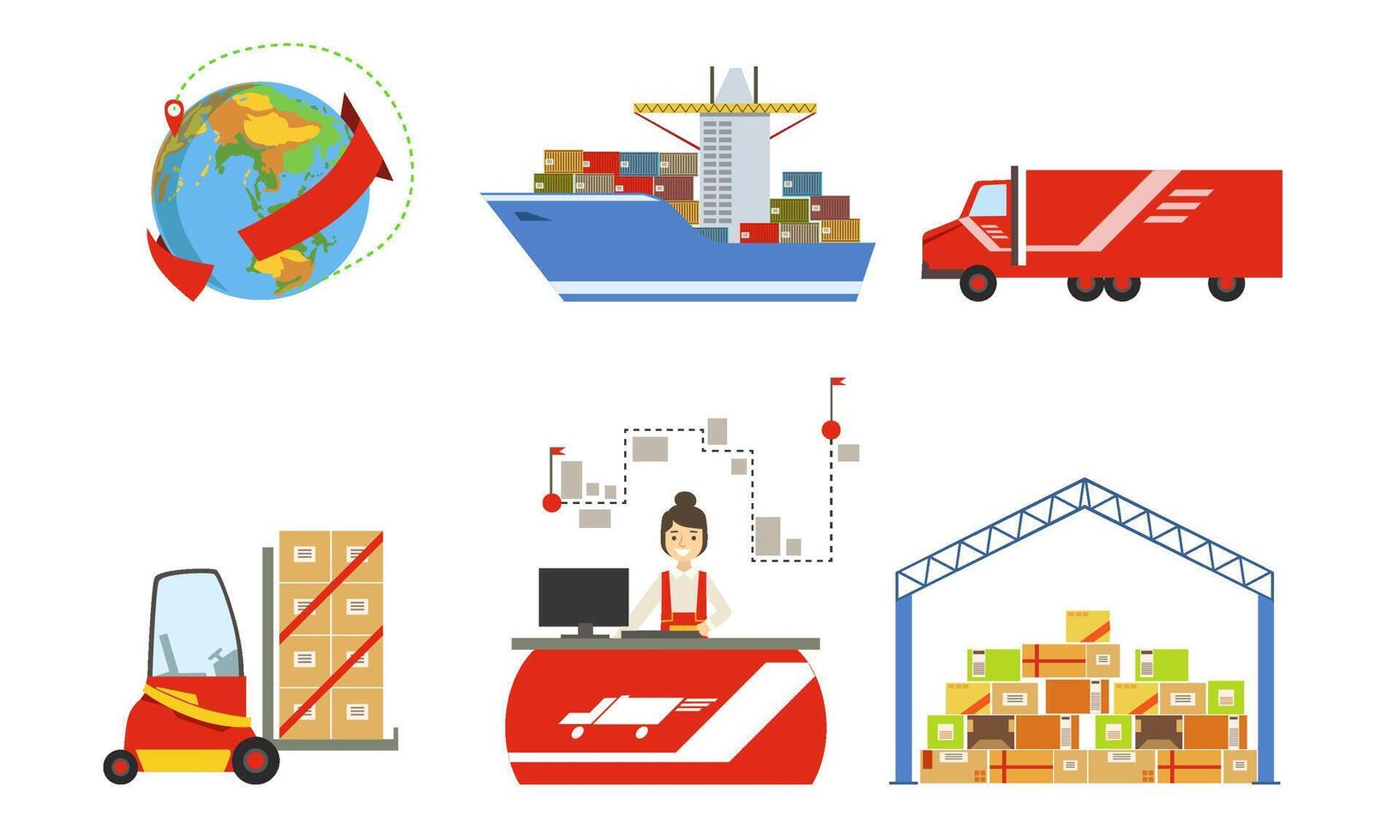 Warehouse, Cargo Transportation, Logistics and Distribution Set, Forklift, Truck, Ship, Warehouse Building Illustration vector