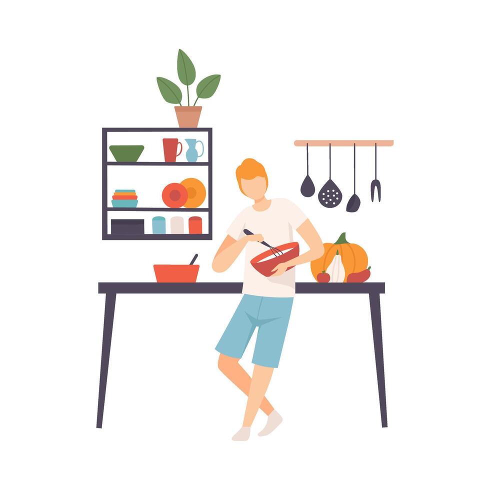 Man with a whisk and a bowl in his hands in the kitchen. illustration. vector