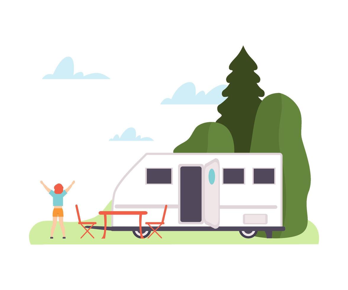 Man does exercises near the trailer. illustration. vector