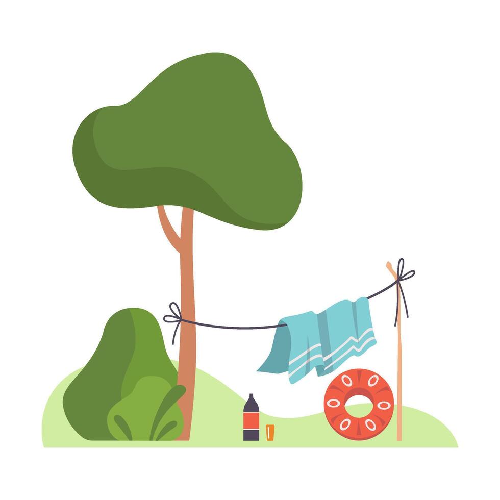 Blanket is dried on a rope near a tree. illustration. vector