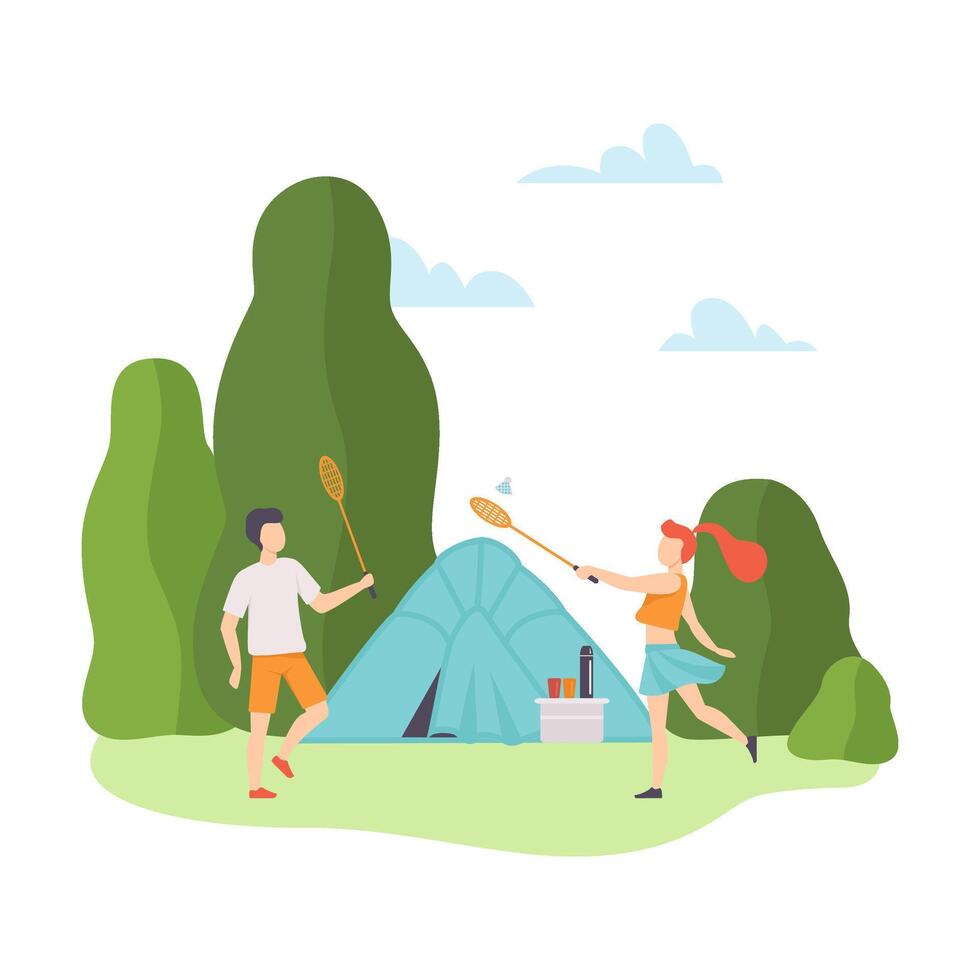 Guy and a girl play badminton at a campsite. illustration. vector