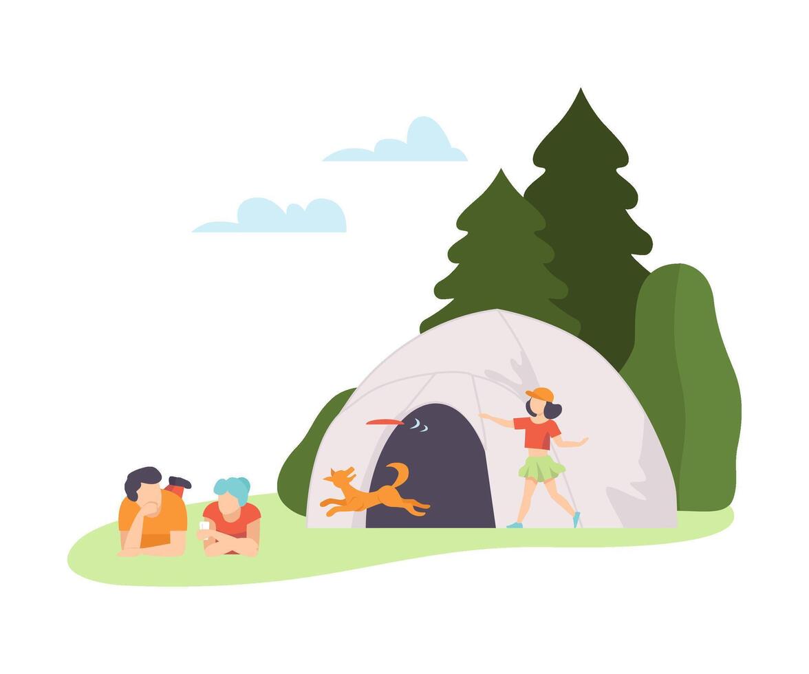Girl plays with a dog, a man and a woman lie in a clearing at a campsite. illustration. vector