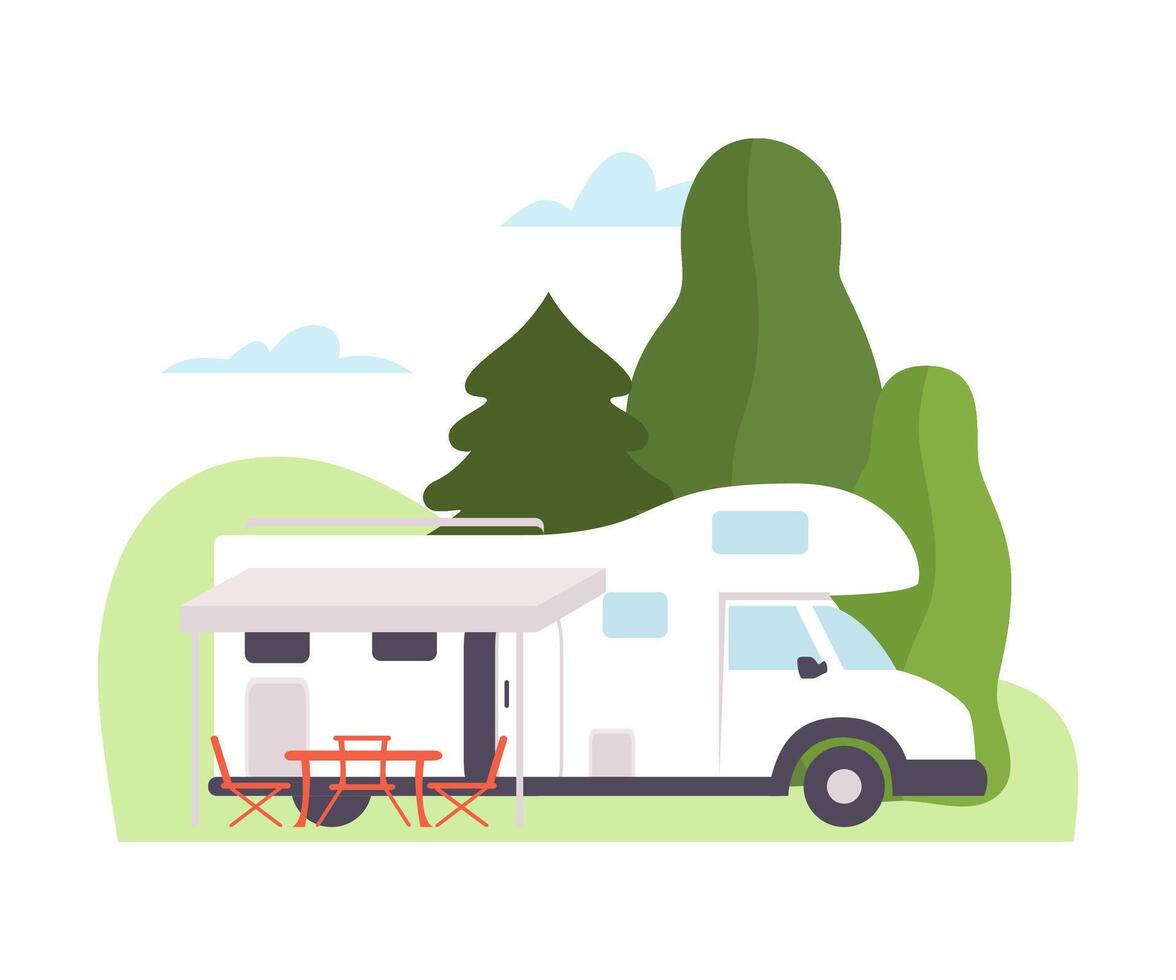 White van at the campsite. illustration. vector