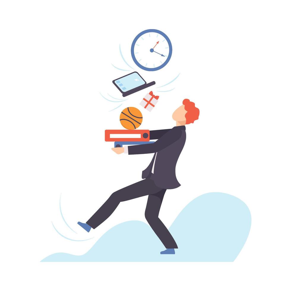 Man in a suit carries a large stack of different objects. illustration. vector