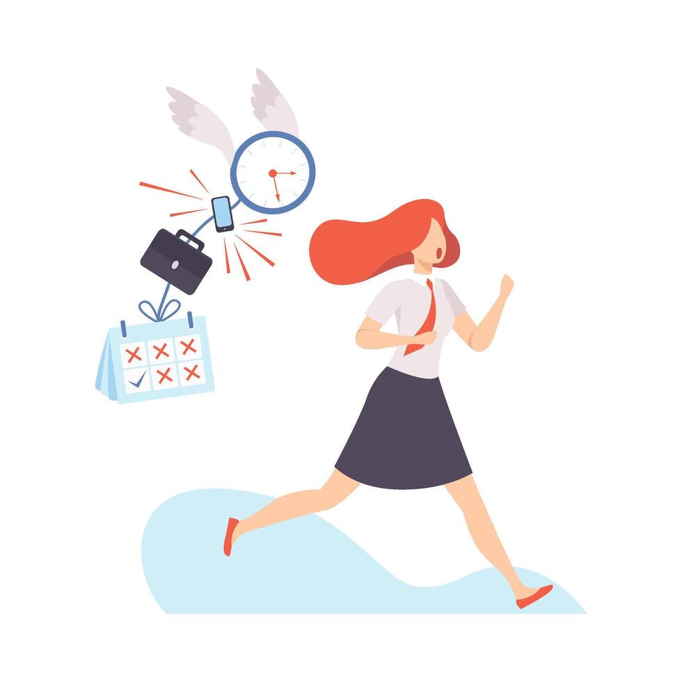 Woman in a blouse and a skirt runs away from a flying clock. The clock whistles from above. illustration. vector