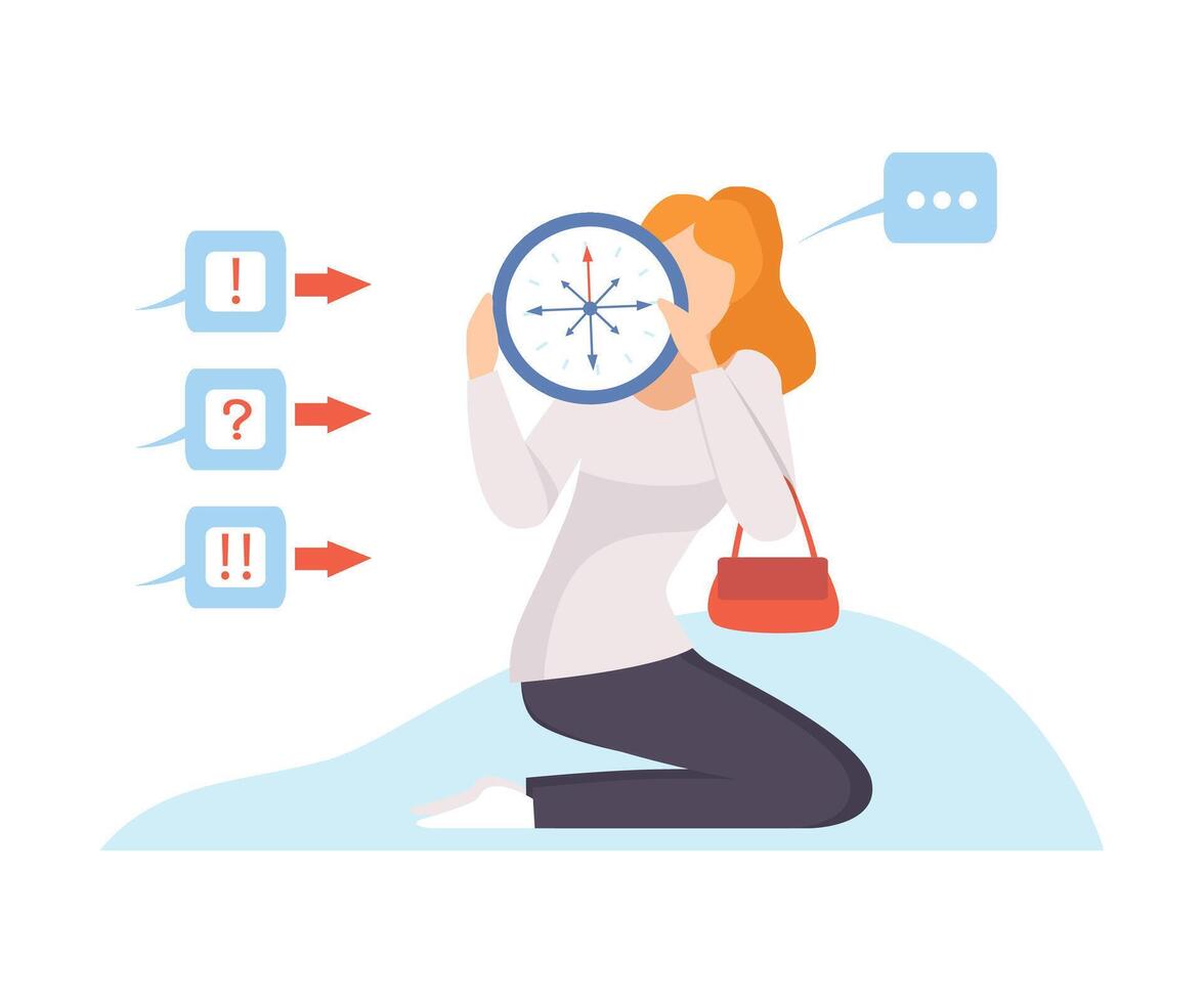 Woman holds a clock with 8 hands in front of her. illustration. vector