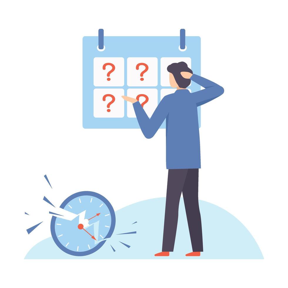 Man stands near a blackboard with question marks. illustration. vector