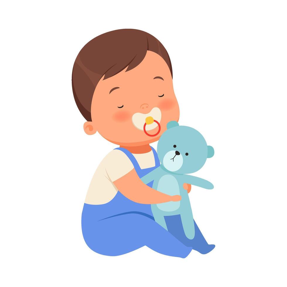 Boy with toy teddy bears is sitting. illustration on a white background. vector