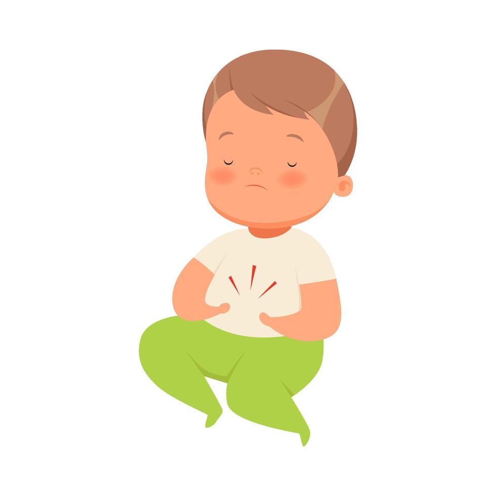 Little boy holds on to his stomach. illustration on a white background. vector