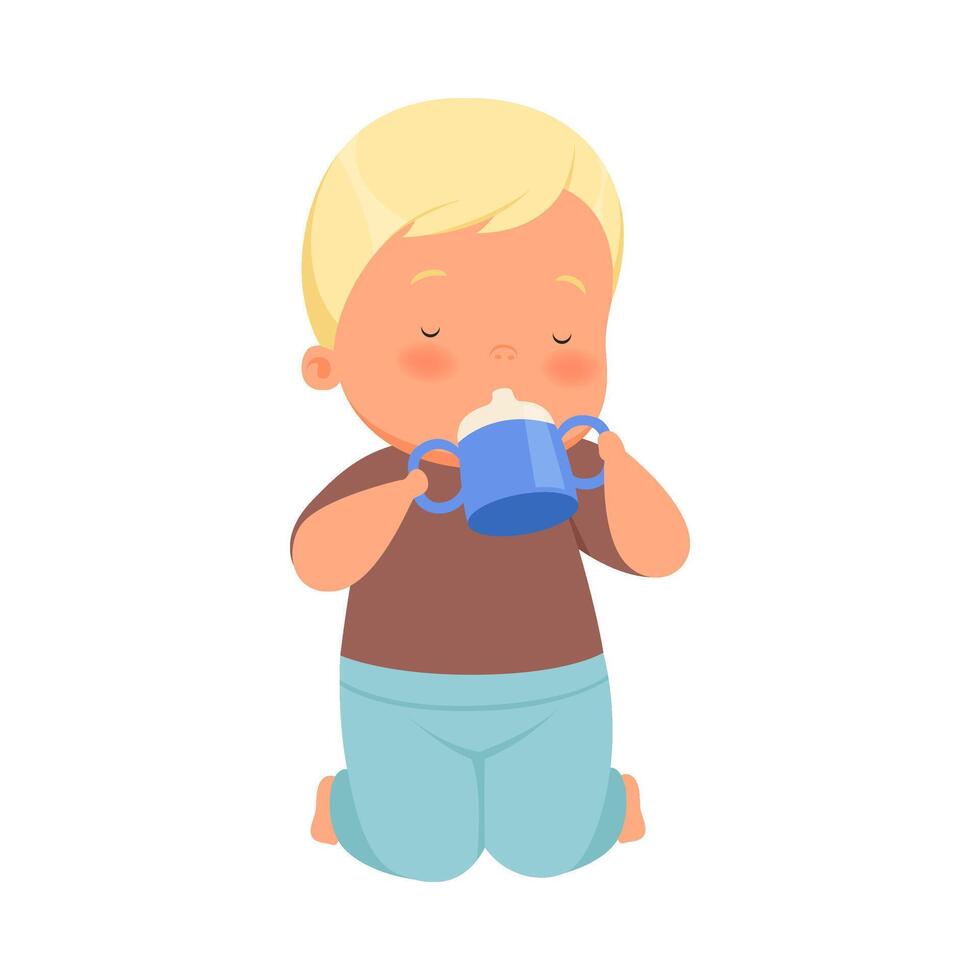 Boy drinks from a bottle with two handles. illustration on a white background. vector