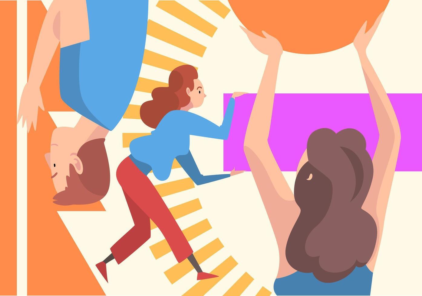 People Organizing Colorful Abstract Geometric Shapes, Men and Women Holding Different Figures Illustration vector