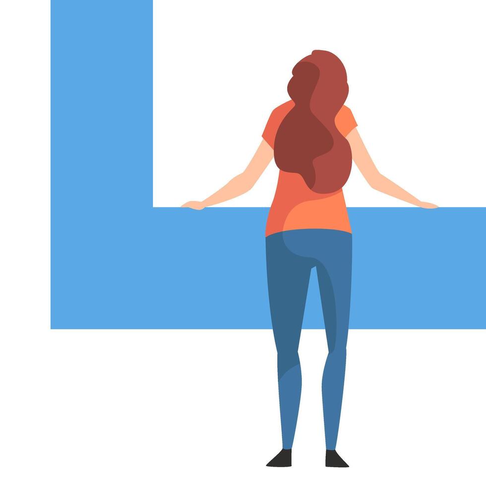 Young Woman Organizing Rectangular Geometric Shape, Back View Illustration vector