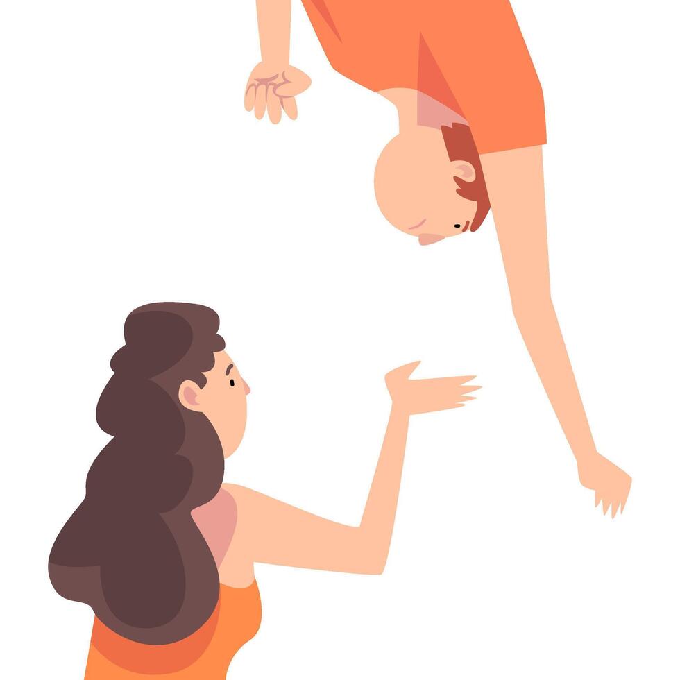 Young Brunette Woman Gesturing, View From Behind, Man Hanging Upside Down Illustration vector