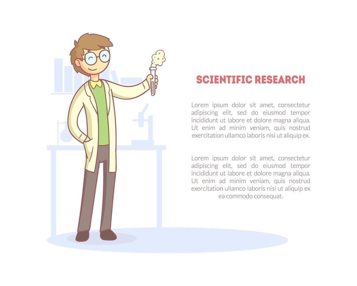 Scientific Research Banner with Space for Text and Male Scientist, Landing Page, Website Template Cartoon Illustration vector