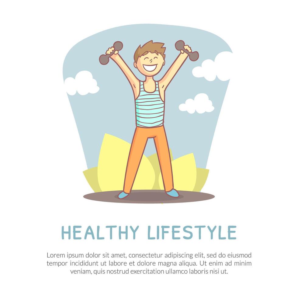 Healthy Lifestyle Banner with Space for Text, Active Young Man Exercising with Dumbbells, Landing Page, Website Template Cartoon Illustration vector