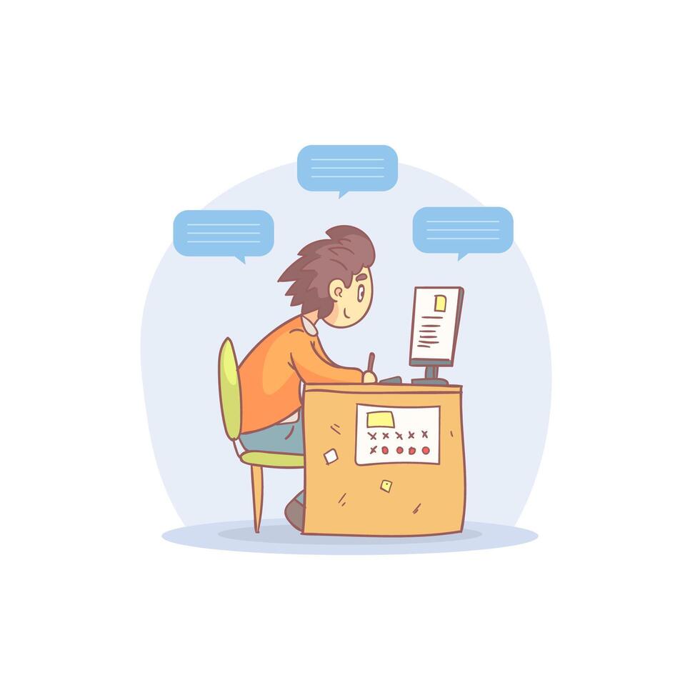 Young Man Working with Laptop Computer with Speech Bubbles Cartoon Illustration vector
