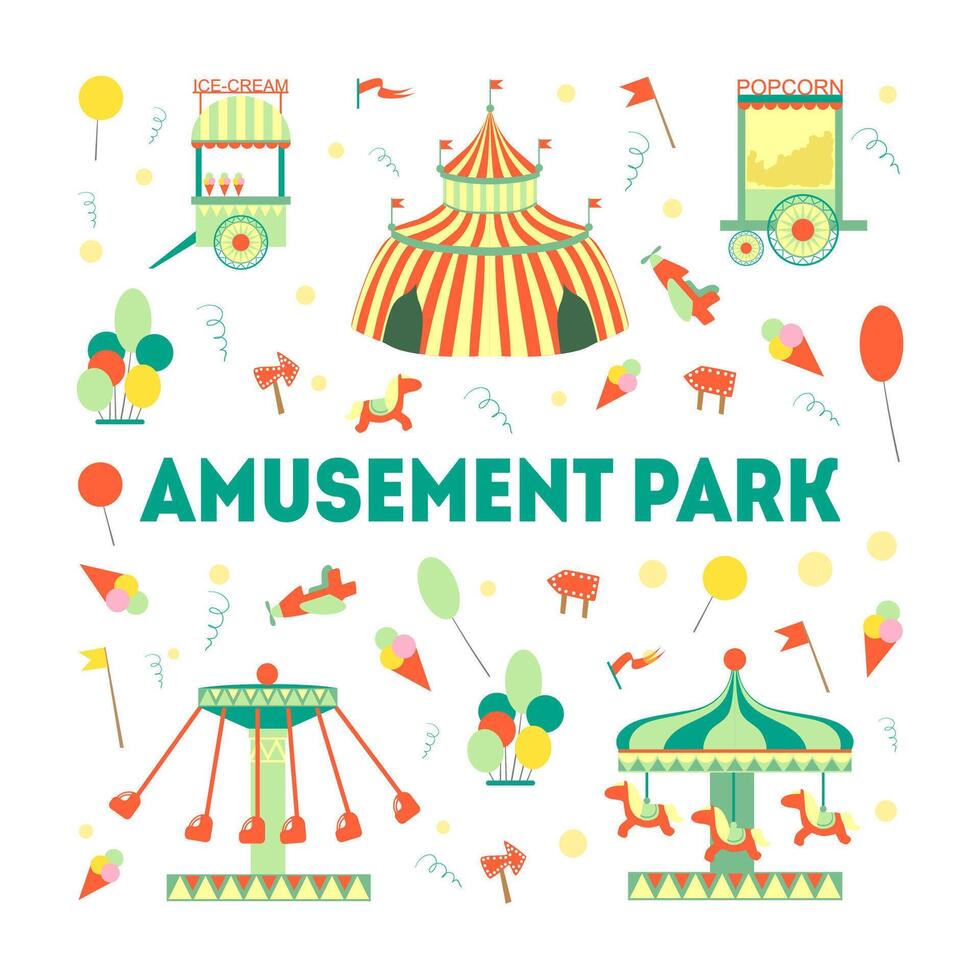 Amusement Park Banner Template with Carousels and Festive Park Attractions Illustration vector