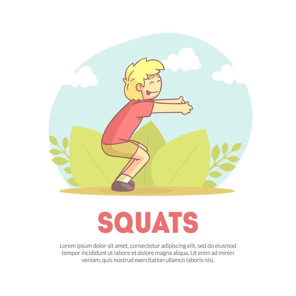 Squats Banner with Space for Text, Active Boy Squatting Outdoors, Landing Page, Website Template Cartoon Illustration vector