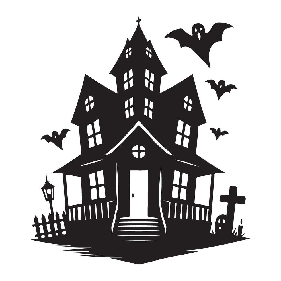 Spooky Haunted House Silhouette with Bats vector