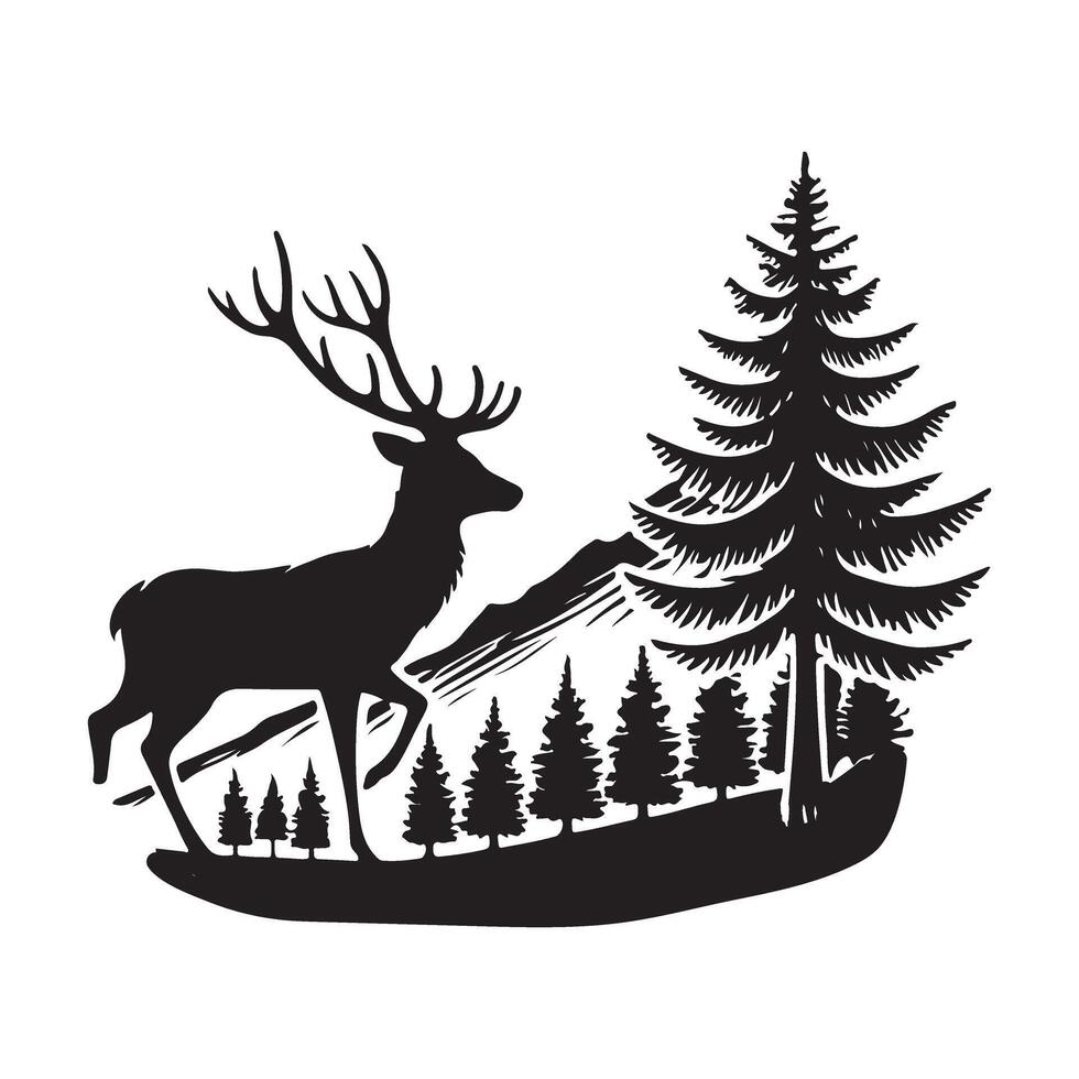 Silhouette illustration of a deer in a mountain forest vector