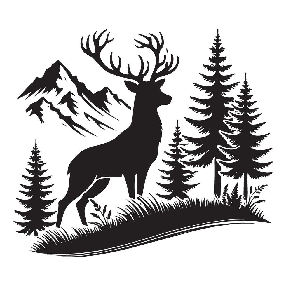 Majestic Deer in Mountain Landscape Silhouette Illustration vector