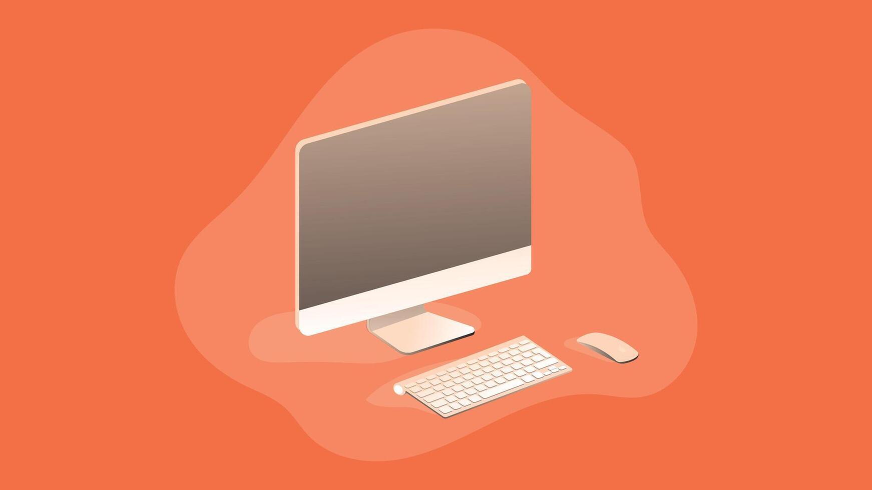 An isometric illustration of a computer setup, featuring a desktop monitor, keyboard, and mouse arranged in a 3D perspective vector