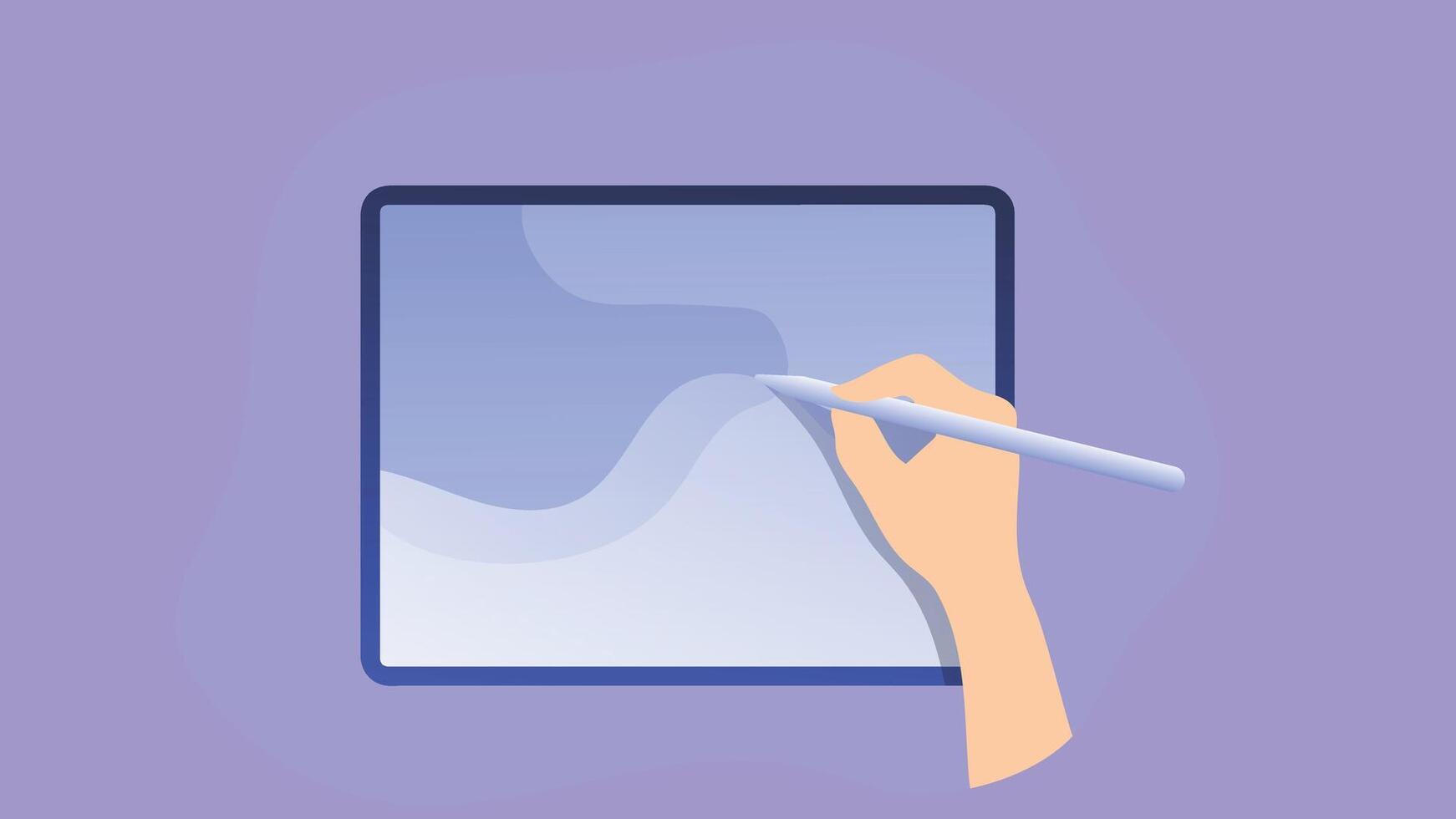 An illustration of a hand drawing on a graphic tablet, with the tablet screen displaying a creative design or artwork vector
