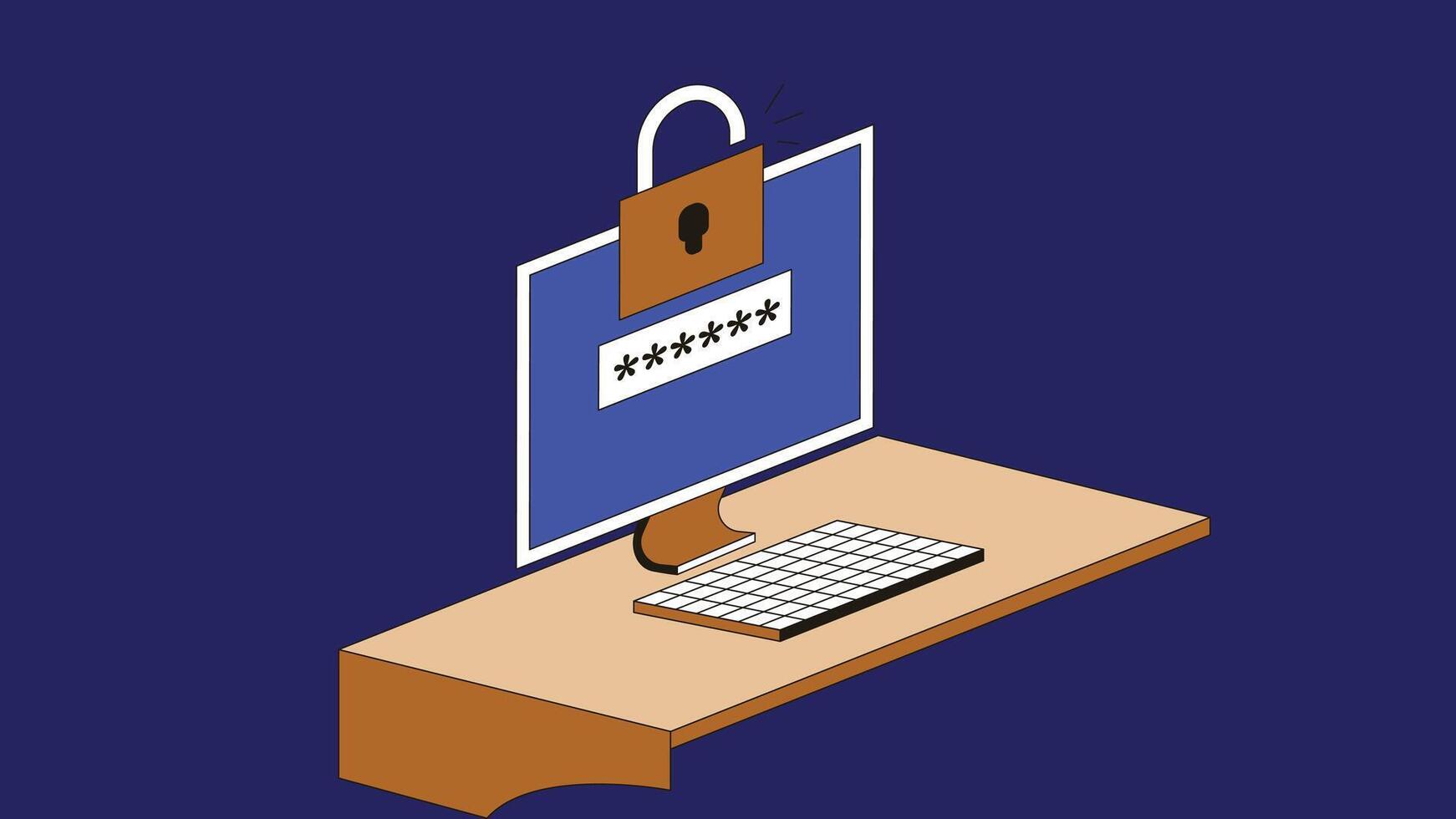An isometric illustration of a computer screen displaying a login screen. The screen features fields for entering a username and password vector