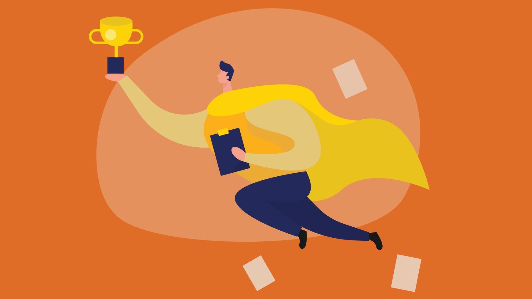 An illustration of a super employee proudly holding a trophy, symbolizing excellence and achievement in the workplace vector
