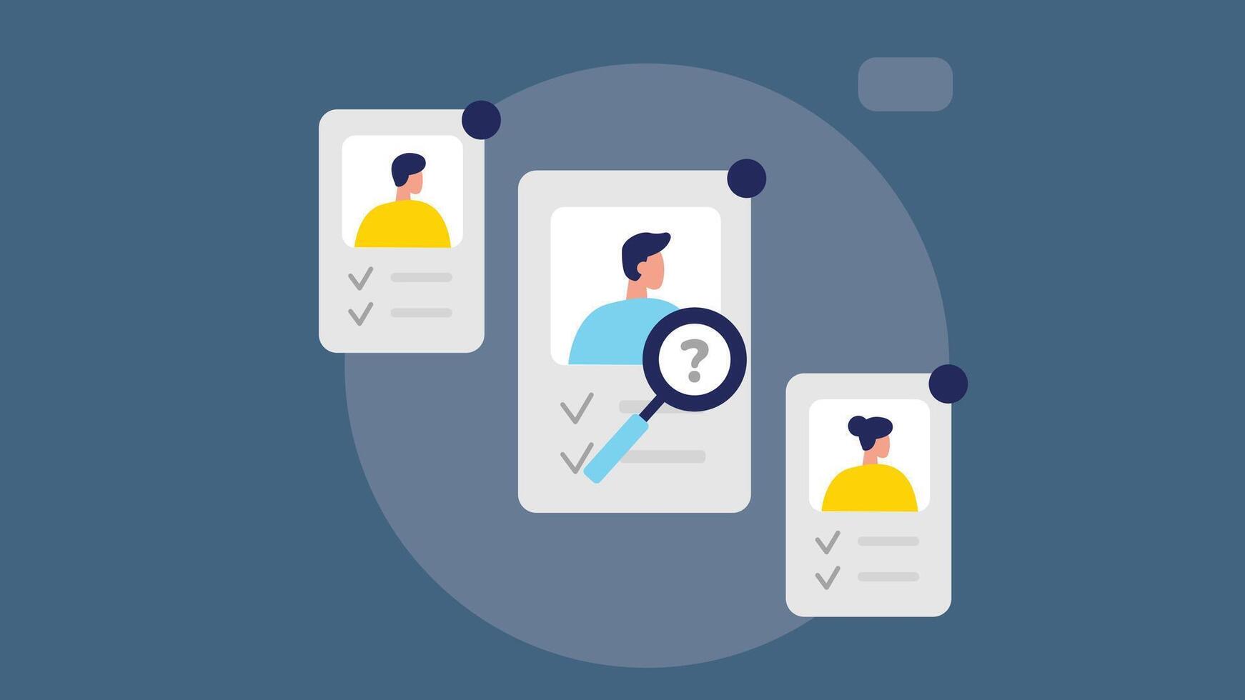 An illustration of the recruitment process, focusing on candidate selection. It may show a recruiter or HR manager reviewing resumes vector