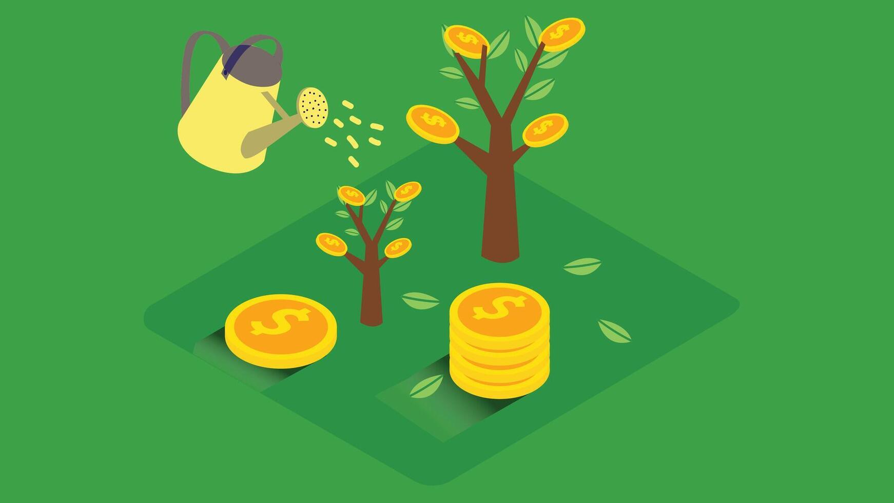 An illustration of money investment and wealth growth, featuring symbols like growing plants, coins, or stacks of money vector
