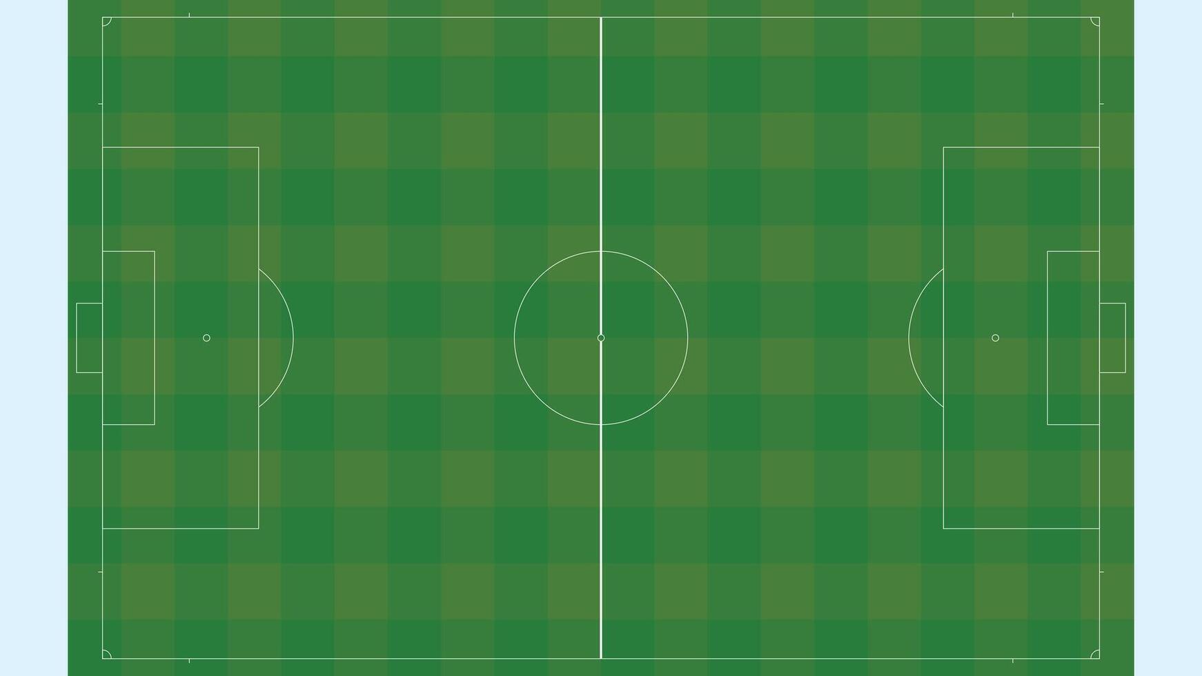 A top-down view illustration of a football field, showcasing a symmetrical layout with clearly marked boundaries, goal areas, center circle, penalty spots, and field lines vector