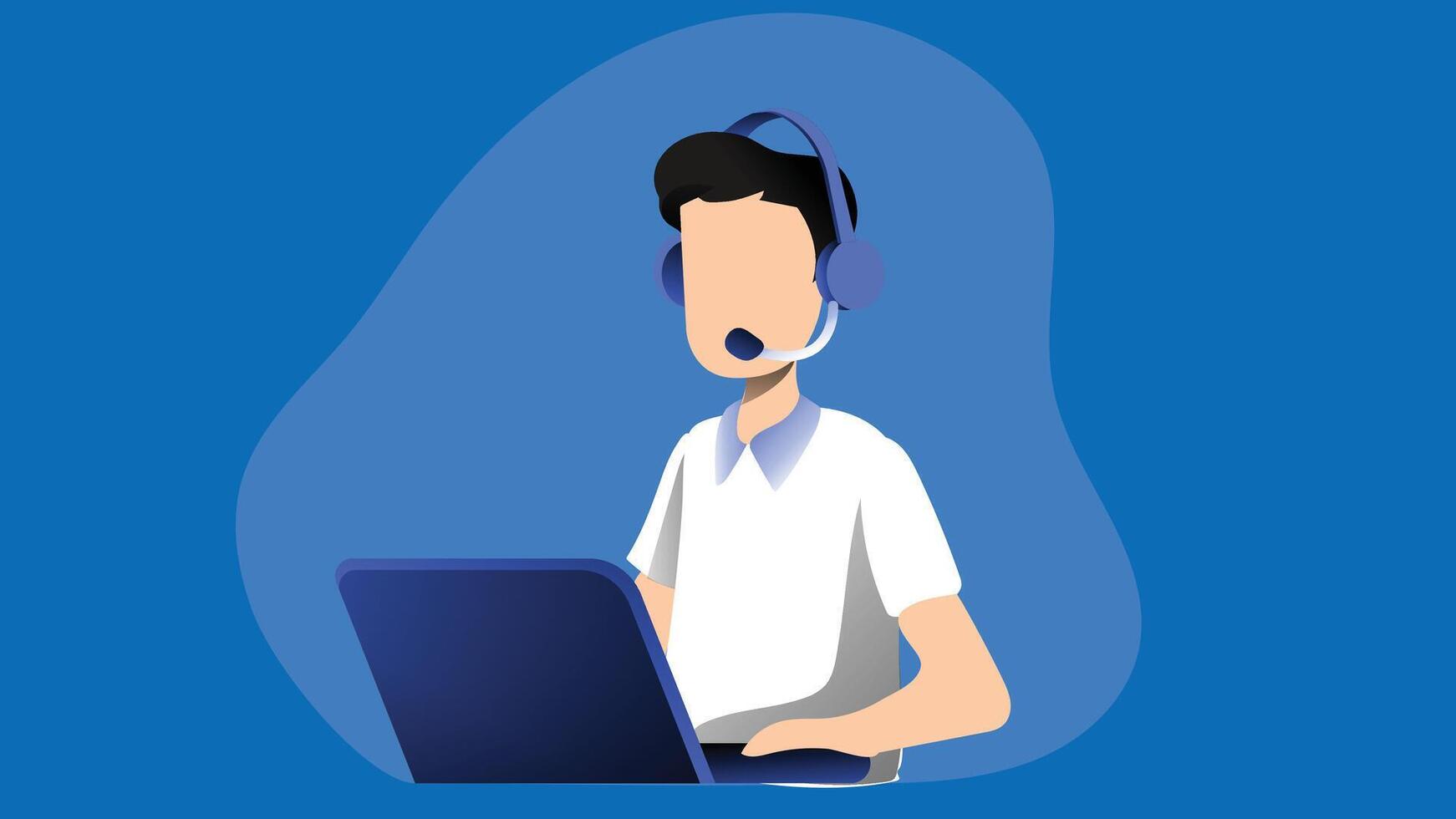 An illustration of a call center agent actively answering a call, wearing a professional headset with a microphone vector