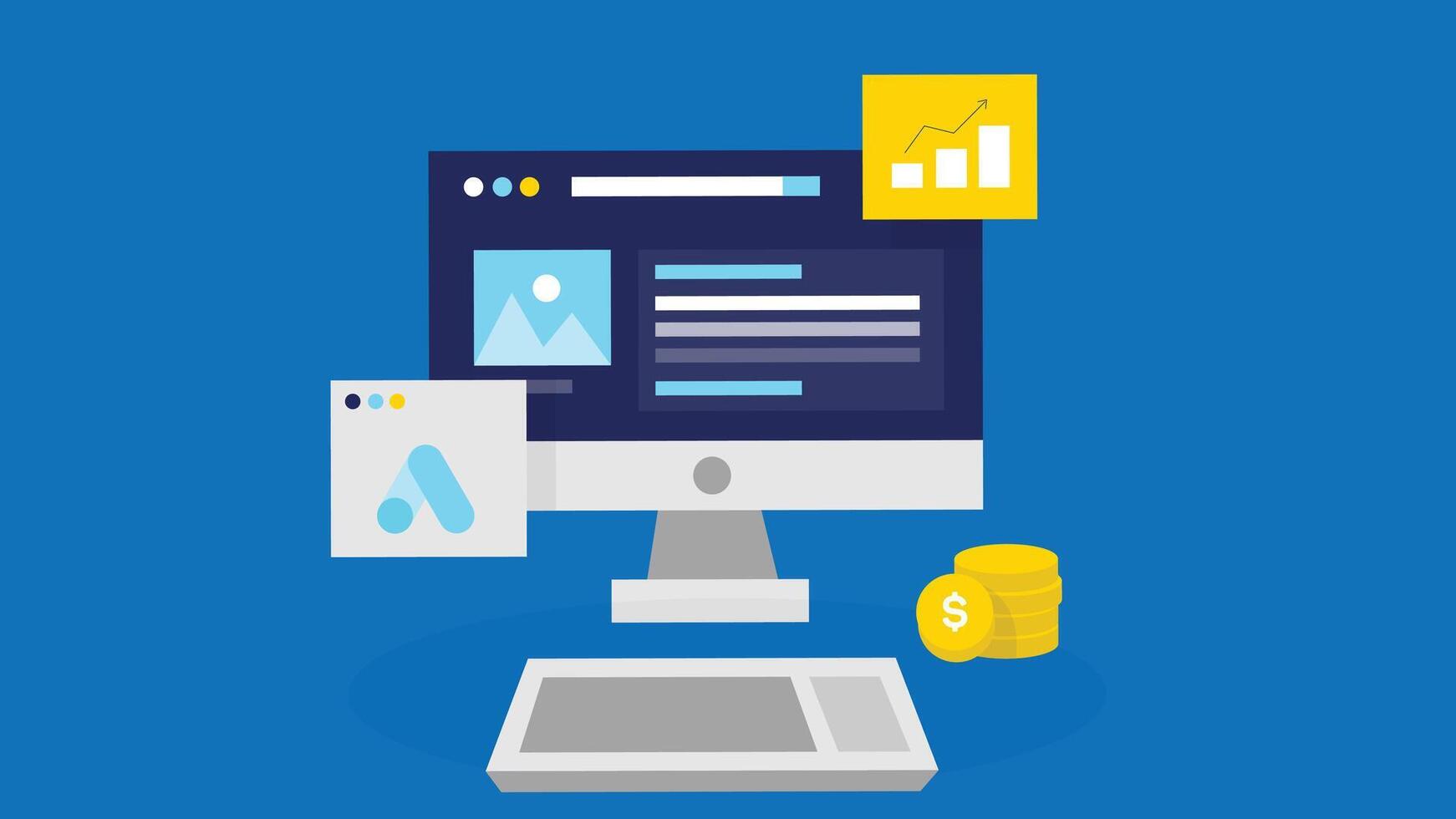 A flat design illustration of a computer with a website open on its screen. The website layout is minimalistic vector