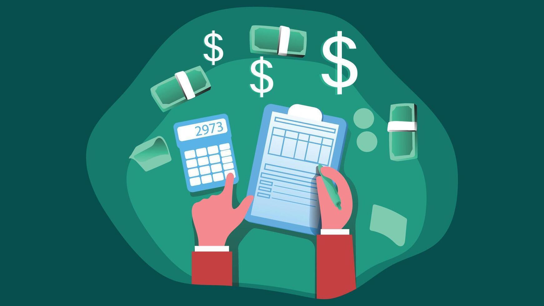 An illustration of an accountant, carefully calculating money and bills vector