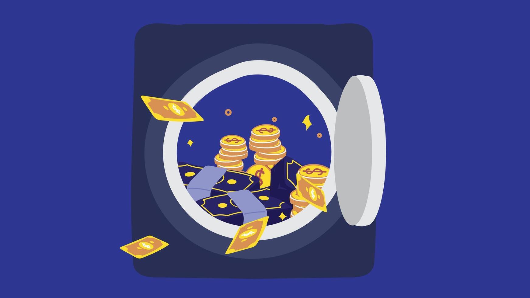 An illustration of an open safe, with a pile of coins inside. The safe door is wide open revealing shiny coins spilling out or stacked neatly within vector