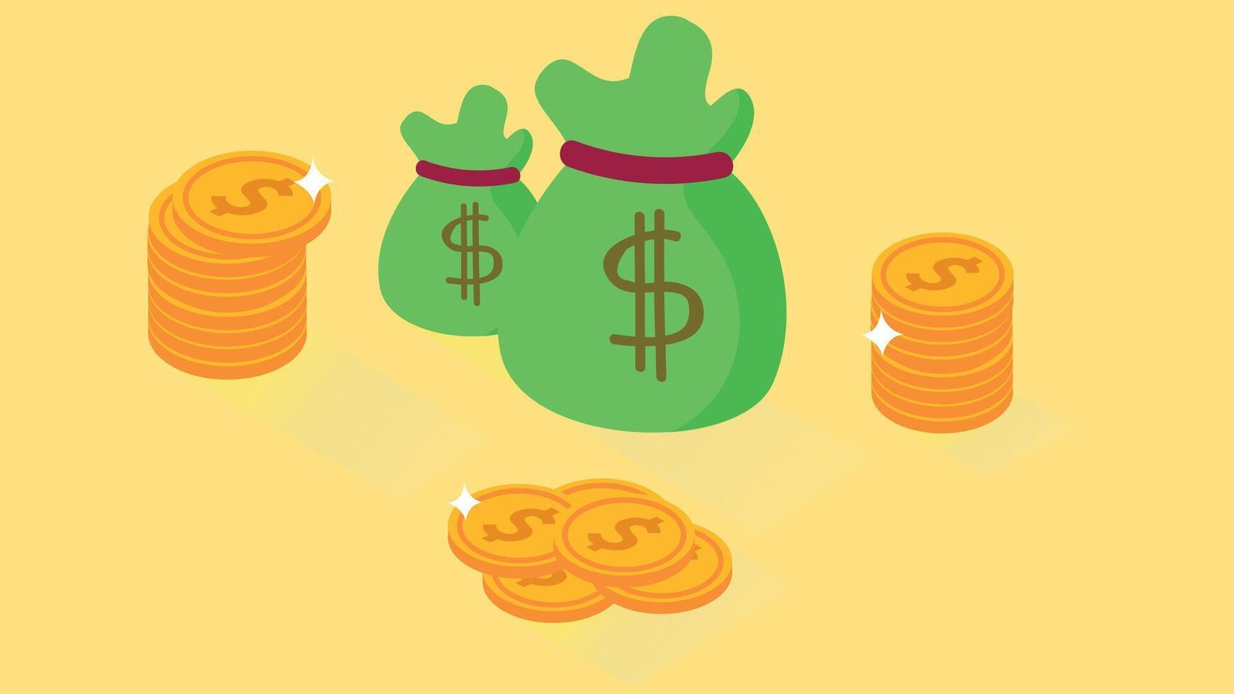 An illustration of bags of money, with piles of coins scattered around them vector