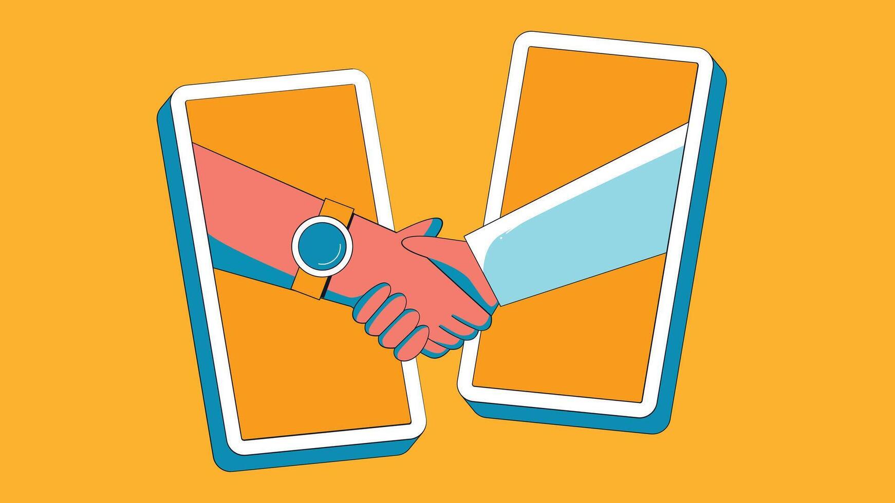 An illustration of online collaboration through a mobile app, showcasing multiple people or avatars interacting via a mobile device vector