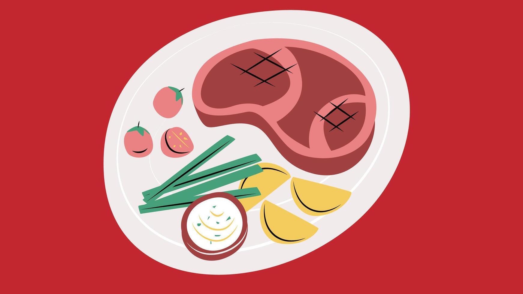An illustration of a classic American cuisine plate featuring a juicy steak and crispy fries vector