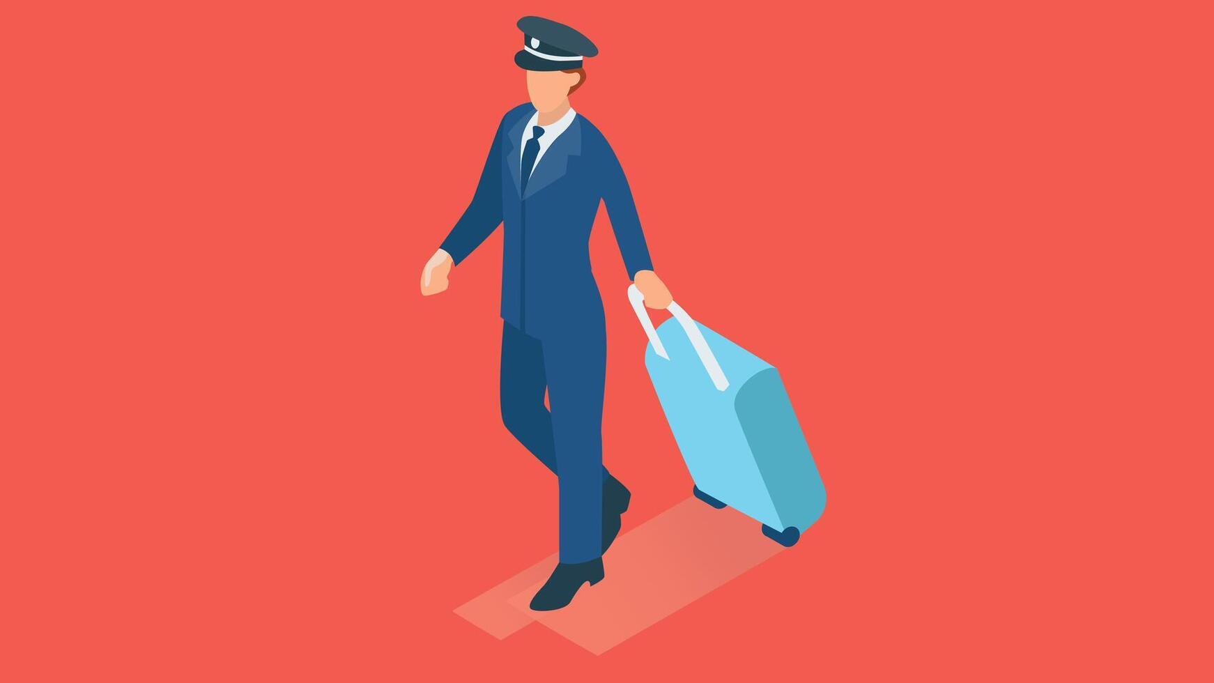 An isometric illustration of a pilot with a suitcase, standing confidently and ready for a flight vector